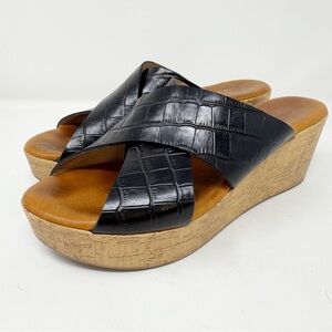 Meucci Women's Black Leather Cross Strap Platform Wedge Sandals Size 40 EUR